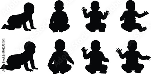 Baby Silhouette Poses Set Isolated on White Background, Crawling, Sitting, and Playing Infant Positions for Childhood and Design Concepts