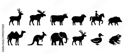 Diverse set of black animal silhouettes featuring wildlife and farm creatures like a deer, moose, elephant, kangaroo, camel, and cow, presented as simple, flat graphic icons