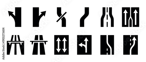 Set of twelve black road sign icons representing various traffic situations like merging lanes, highway forks, motorway overpasses, and directional arrows for driving guidance