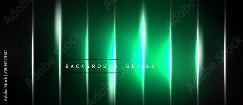 Dark background features vibrant green vertical lines. Bright glowing streaks create futuristic design. Text reads background design.