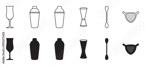 Collection of black bartender tools and cocktail equipment shown as simple line icons and solid silhouettes, including a shaker, jigger, strainer, spoon, and glass