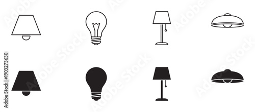 Set of black lamp and lightbulb icons in outline and solid silhouette styles for graphic design, featuring table lamps, ceiling lights, and lampshades in a minimalist vector illustration