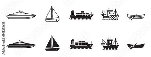 Collection of black boat and ship icons showing a yacht, sailboat, cargo ship, fishing trawler, and rowboat, presented in two styles as simple line art and solid silhouettes