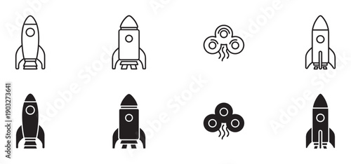 Set of black rocket ship icons in line art and solid glyph styles for startup and technology concepts, including smoke cloud symbols for launch and takeoff illustration