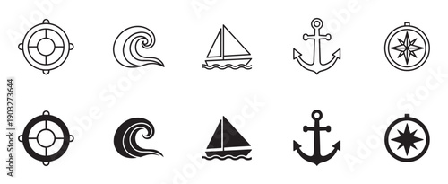 Set of black nautical vector icons in outline and solid glyph styles, including a lifebuoy, wave, sailboat, anchor, and compass for maritime and sea travel concepts