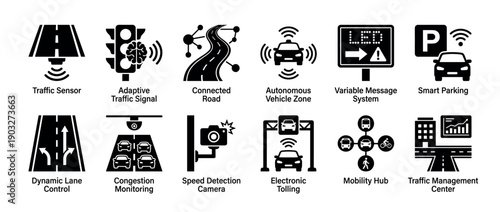 Collection of solid black pictogram icons illustrating intelligent transportation system concepts like autonomous vehicles, smart parking, congestion monitoring, and adaptive traffic signals