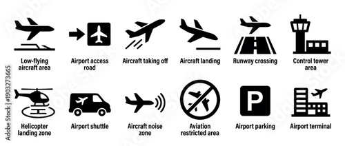 Set of black airport and aviation icons showing various travel and transport symbols like airplane takeoff, landing, terminal, and control tower for information and navigation