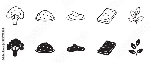 Set of black food icons showing broccoli, rice, sauce, a cracker, and leaves, presented in two distinct styles: a minimalist line art outline and a solid glyph silhouette