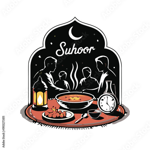 Suhoor meal illustration featuring people, bowl, clock, lantern, and food on a table at night with a crescent moon