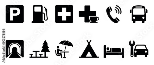 Set of twelve black travel icons representing roadside services like a gas station, first aid, restaurant, bus stop, tunnel, picnic area, camping, hotel, and mechanic