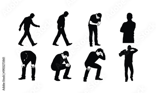 Collection of male silhouettes showing various poses and body moods