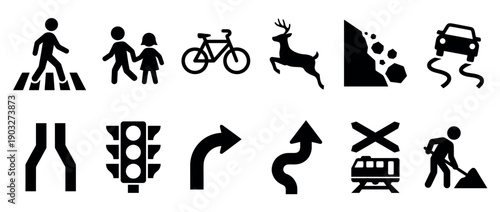 Collection of black traffic sign icons for road safety and warning, featuring pedestrian, car, deer, and construction symbols in a minimalist vector style