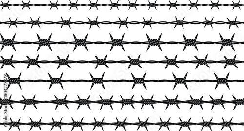 Barbed wire silhouette borders set featuring sharp twisted metal lines, security fencing elements, danger warning, and restricted area design isolated on white background