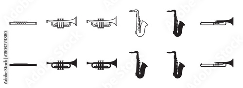 Set of musical wind instrument icons including flute, trumpet, and saxophone shown as black line art and solid silhouettes in a simple graphic design style