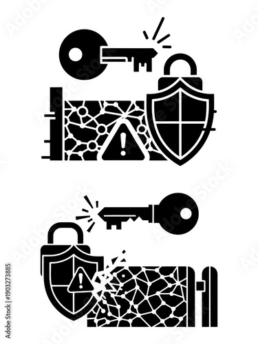 Security vulnerability icon with broken wall and padlock for data leak and cyber incident reports