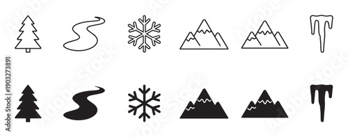 Set of black winter nature icons including a tree, river, snowflake, mountain, and icicle in both outline and solid silhouette styles for graphic design