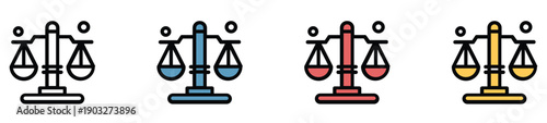 Justice scales balance comparison concept with black blue red yellow weights on white background