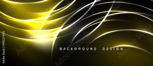 Abstract design features flowing yellow, white lines over black background. Brightness creates dynamic visual effect. Modern, sleek presentation.
