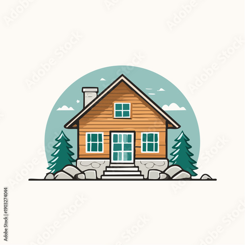 Charming rustic wooden cabin illustration in a serene natural forest setting, perfect for an outdoor escape or peaceful dwelling