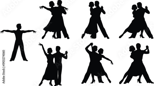 Ballroom and tango dancing couple silhouettes in elegant poses, romantic partner dance movements expressing passion, grace, and performance isolated on white background