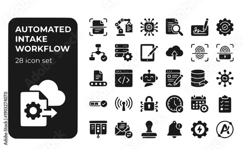 Automated Intake Workflow Digital-Processing Workflow-Automation Automated-Systems Intake-Technology Digital-Workflow Vector Icon Set - Intake Automation