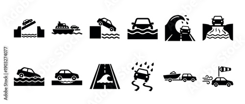 Collection of black car hazard icons depicting water-related dangers for drivers, including floods, tsunamis, slippery roads, and falling off a pier, presented as a minimalist vector glyph set
