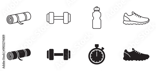 Set of black fitness icons showing a yoga mat, dumbbell, water bottle, sneaker, and stopwatch in both line art and solid silhouette styles for graphic design