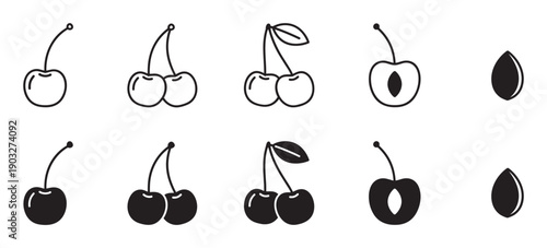 Black cherry icon set in line art and solid glyph styles showing various fruit forms like a single berry, a pair with leaf, a half with pit, and a separate seed