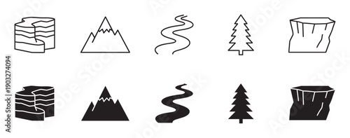 Set of black nature landscape icons featuring a mountain, river, tree, and canyon in two distinct styles, a simple outline and a solid silhouette for graphic design