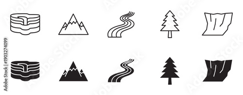 Set of black nature and landscape icons featuring a canyon, mountain, river, tree, and cliff in both outline and solid glyph styles for graphic design elements