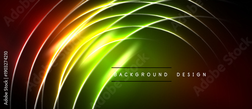 Vibrant neon lines form abstract curves, gradients blend red, orange, green. Dark background emphasizes glowing effect, modern design element.