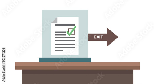 Illustration depicting a completed document or form, marked with a green checkmark, on a desk with an exit arrow, symbolizing process finalization, approval, or task accomplishment