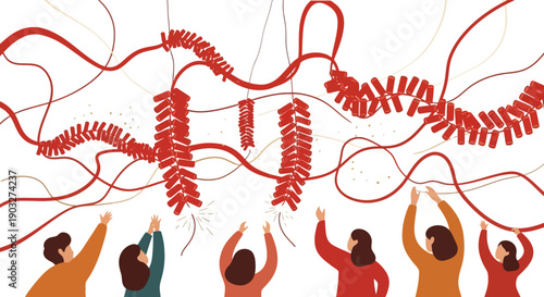 People joyfully gather to ignite vibrant red firecrackers, celebrating a festive occasion filled with prosperity, excitement, and traditional cultural merriment