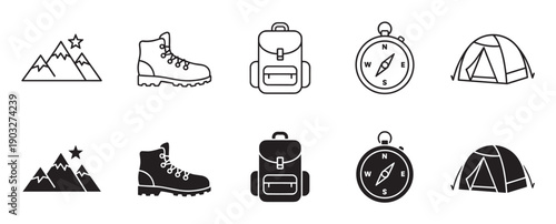 Black and white icon set for hiking and camping featuring a mountain, boot, backpack, compass, and tent in both minimalist line art and solid silhouette graphic styles