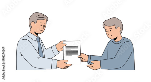 Illustration of two men exchanging official paperwork, representing the finalization of a business agreement, contract signing, or important document handover