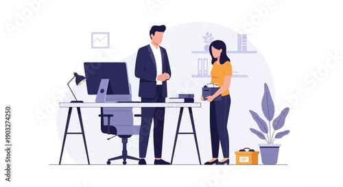 Workplace departure scene featuring a serious manager and a departing female employee holding a box of personal items, illustrating job termination or a layoff situation