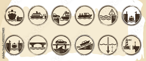 Ferry and harbor transport icon set with a distressed, vintage stamp style showing ships, cars, bridges, and maritime safety symbols for navigation and travel concepts