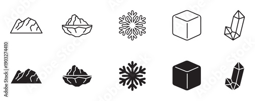 Set of black ice and winter icons featuring an iceberg, snowflake, cube, and crystal in both minimalist line art and solid glyph styles for graphic design