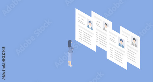 人事の女性と履歴書 (職務経歴書)。優秀な人材を探すアイソメトリックなベクターイラスト。書類選考･採用･求人のシーン。