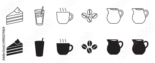Black and white coffee shop vector icons in outline and solid fill styles, depicting a cake slice, steaming mug, iced drink, beans, and a milk jug