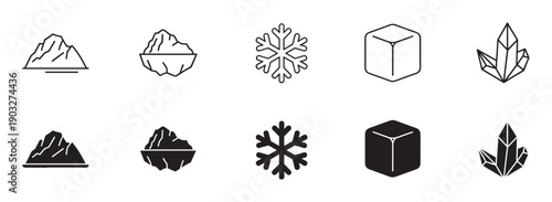 Set of black ice and winter icons in line art and solid glyph styles, featuring an iceberg, snowflake, ice cube, and crystal for cold temperature concepts