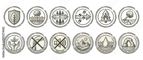 Set of twelve vintage environmental conservation icons in a retro rubber stamp style, illustrating nature protection, pollution control, quiet zones, and scenic area symbols