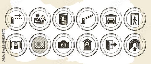 Set of security and access control icons in a distressed grunge stamp style, featuring pictograms for border checkpoints, passport inspection, barriers, and secure entry points