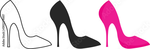 Elegant high heel shoe outline and silhouette and pink color icon set, hand drawn line art illustration of high heels for fashion and women's apparel, Editable vector, Vector illustration