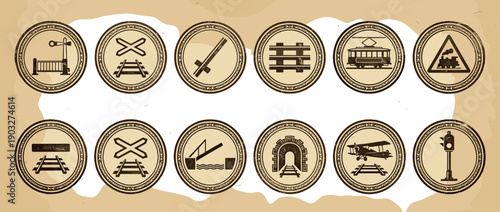 Set of vintage railway transportation icons featuring a train, tram, tunnel, and crossing signs in a distressed, grunge stamp style with ornate circular frames for a retro design