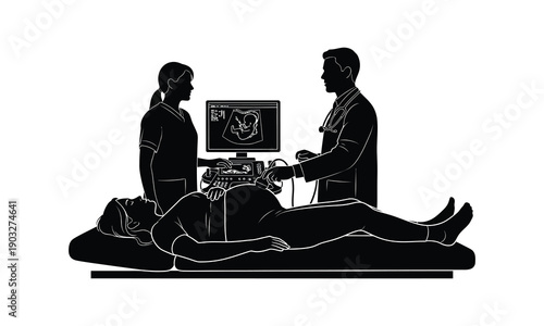 Doctor performing ultrasound exam on pregnant woman in medical clinic