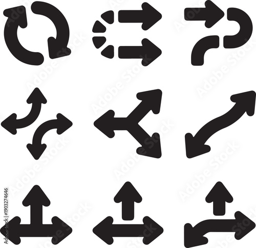 Collection of Black Arrow Icons Showing Direction, Choice, and Movement - Stock Media