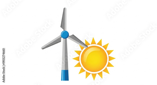 Wind Turbine and Sun Icon Representing Renewable Energy Sources.