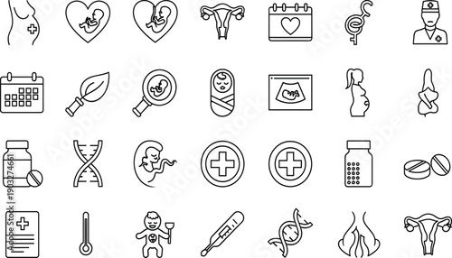 Vector collection of outline icons related to pregnancy, gynecology, fertility, and newborn care, including uterus, fetus, ultrasound, doctor, and medical symbols.