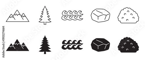Collection of minimalist nature symbols featuring a mountain, pine tree, water wave, stone, and shrub presented in two distinct styles, outline and solid filled glyph
